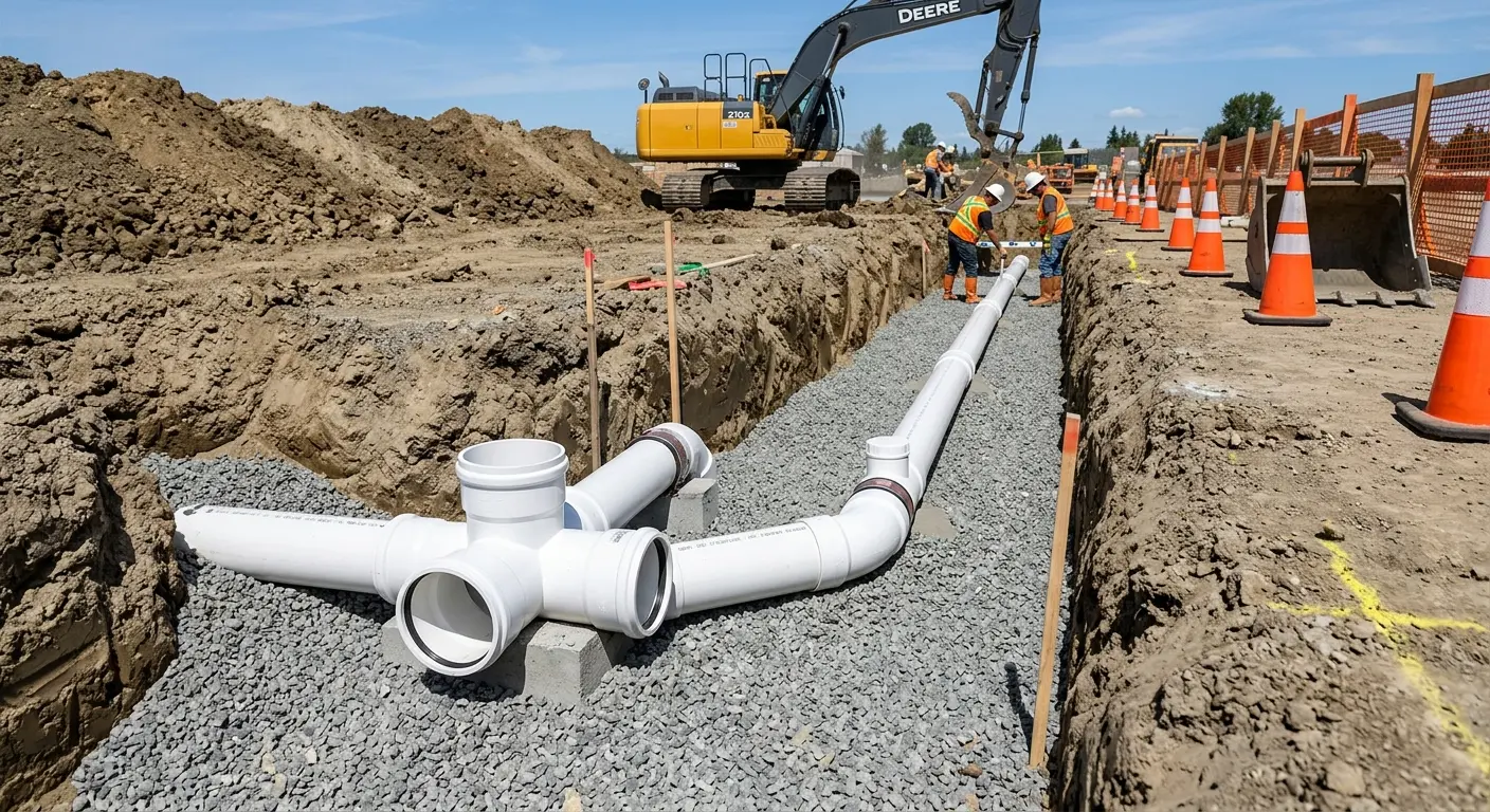 New PVC sewer pipe installation in open trench for Commercial Drain Cleaning in Las Cruces
